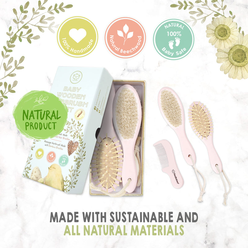 Baby Hair Brush - Natural Wooden Cradle Cap Brush with Soft Goat Bristle - Baby Brush Set for Newborns - Toddler Comb - Perfect Scalp Grooming Product for Infant, Toddler, Kids (Oval, Blush) Oval - NewNest Australia