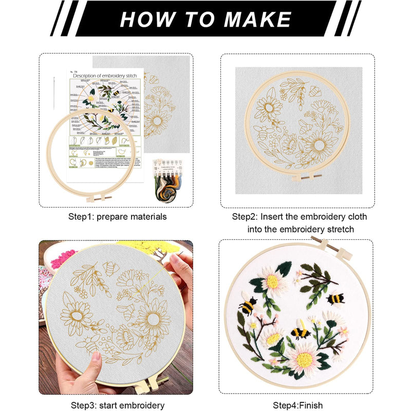 Lukinbox Embroidery Starter Kit for Beginners, 3 Sets Cross Stitch Kits for Adults, Include Embroidery Clothes with Cute Bees and Flowers Patterns Embroidery Hoops, Threads, Needles and Instruction - NewNest Australia