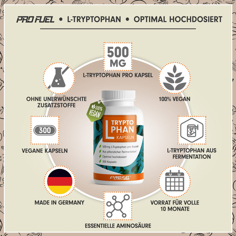 L-Tryptophan High Dose - 300 L-Tryptophan Capsules Vegan - 500 Mg L-Tryptophan Per Capsule - 10 Months Range - L-Tryptophan From Vegetable Fermentation - Laboratory Tested Without Unwanted Additives - NewNest Australia