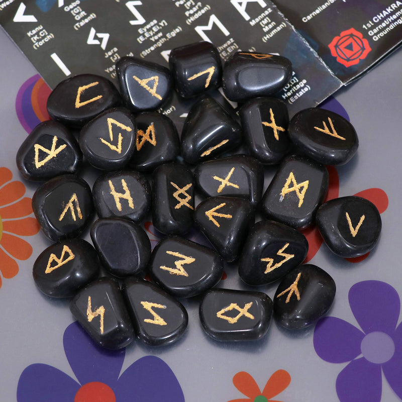 Crocon Black tourmaline tumble shape gemstone runes stones with Elder Futhark Alphabet Engraved 25 pcs runes set Crystal Divination Healing Chakra Reiki with a pouch Size : 15-20 mm - NewNest Australia