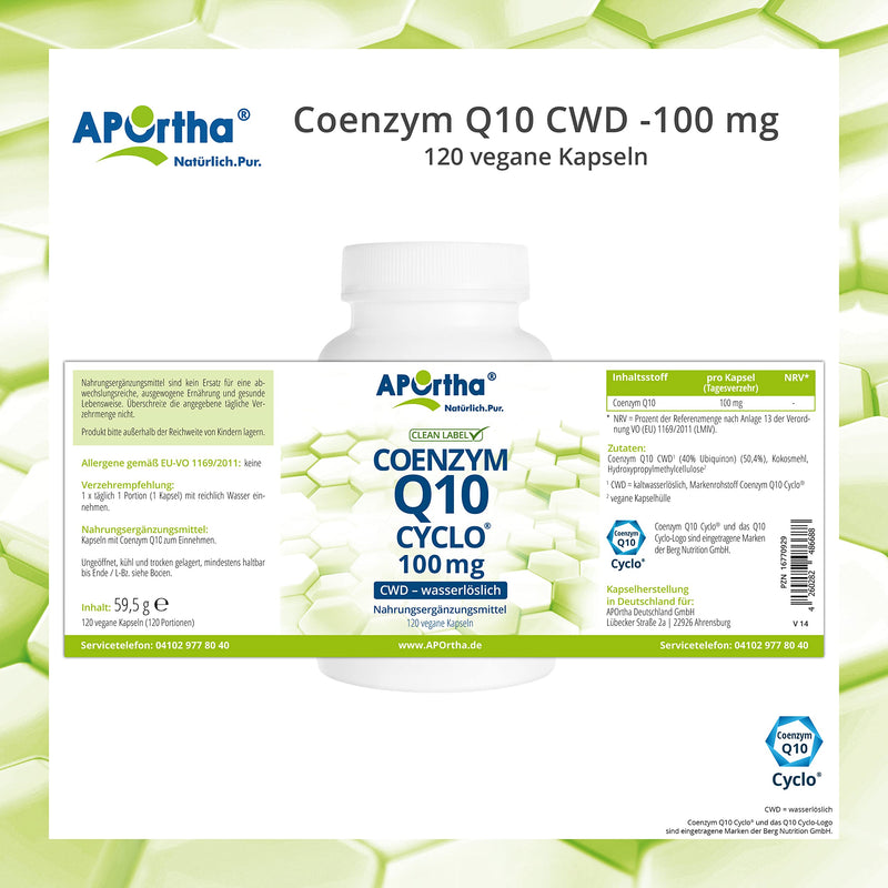 APOrtha® Coenzyme Q10 CWD 100 mg - 120 vegan capsules, CoQ10 capsules high dose 100 mg, high bioavailability thanks to water-soluble ubiquinone, daily dose 1 capsule - NewNest Australia