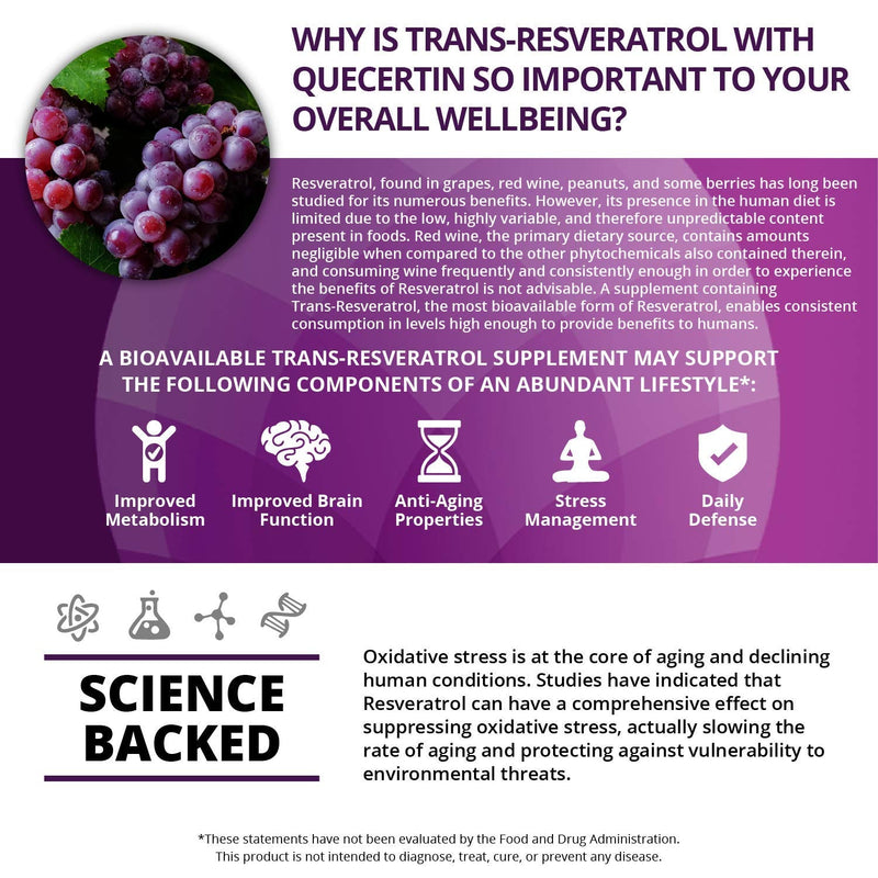 Organic Trans-Resveratrol Enhanced with Quercetin - 1,500MG Highest Potency Available in Vegetable Capsule - Powerful Support for CV System, Bones, Hair, Skin Nails - 90 caps - NewNest Australia