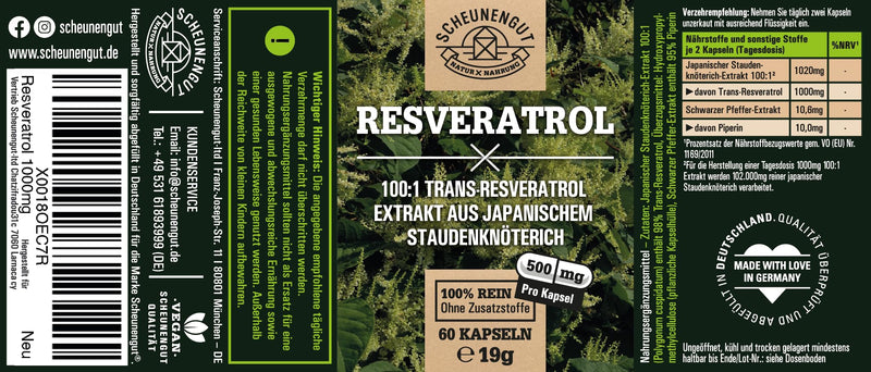Resveratrol -1000Mg Per Daily Dose- Important: 100:1 Extract (=50,000Mg Japanese Knotweed Root Per Dose) + Piperine I 98% Trans-Resveratrol High Dose I Laboratory Tested I From De I Scheunengut - NewNest Australia