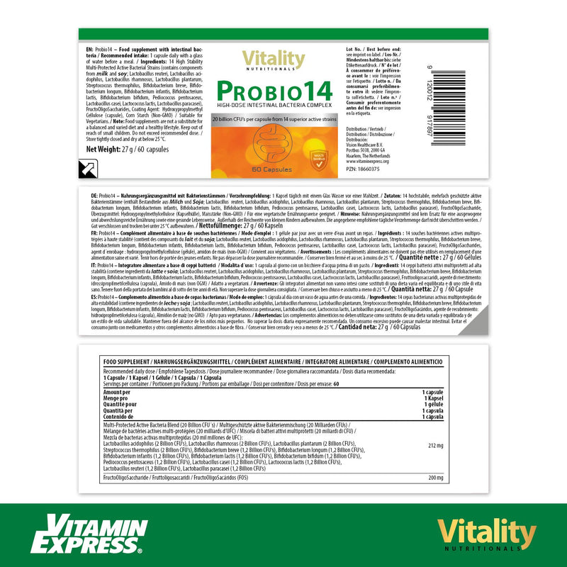 Probio 14 Bacterial Strains Including Lacto, Bifido, Pediococcus I Daily 212 Mg Active Bacteria & 200 Mg Fos I 60 Capsules Vegetarian I Intestinal Health Vitality Nutritionals By Vitaminexpress - NewNest Australia