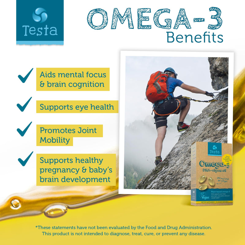 Testa Omega-3 Algae Oil - 250mg DHA - Vegetable Omega-3 - Pure and Vegan - Much Healthier than Fish Oil - 60 Capsules (1 Pack) - NewNest Australia