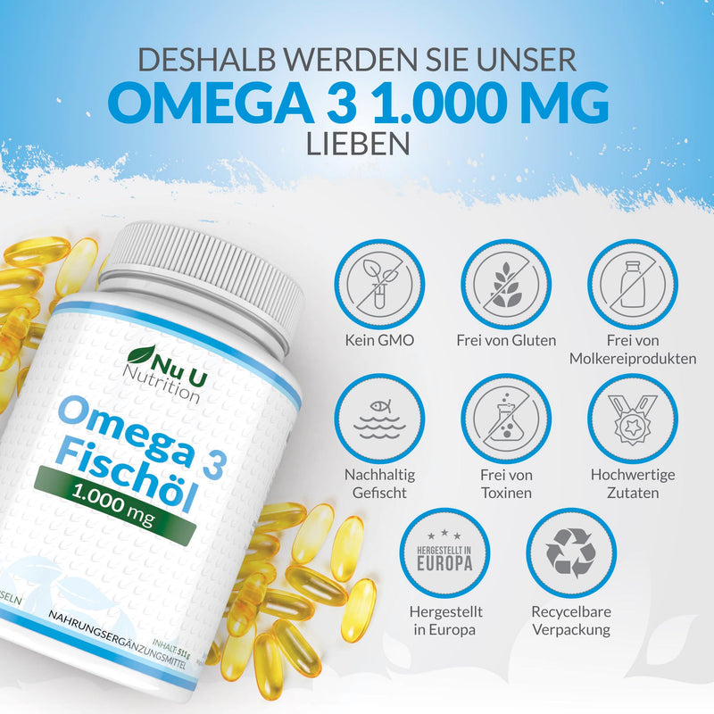 Omega 3 Fish Oil 1000mg - 365 Softgel Capsules - Pure Fish Oil from Sustainable Fishing - 900mg EPA & DHA per dose - Nu U Nutrition - NewNest Australia