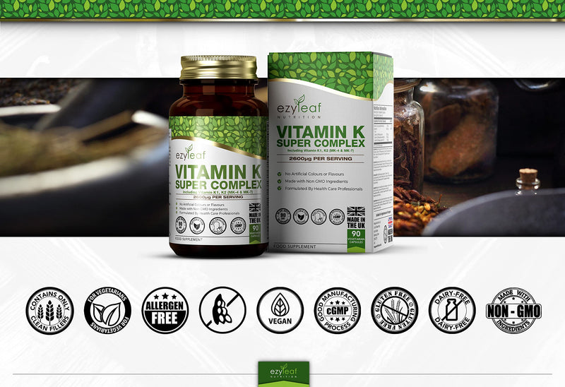 Ezyleaf Vitamin K Super Complex | With Vitamin K2 MK7 and Vitamin K2 MK4 | 90 Vitamin K and Vitamin K2 MK-7 Vegan Capsules - 1500μg Vitamin K1 | Non-GMO, Gluten & Dairy Free | Made in the UK - NewNest Australia