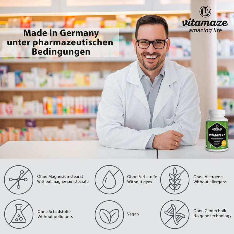 Vitamin K2 high dose & vegan, 200 mcg MK-7 Menaquinone (certified, all-trans form), 180 tablets 6 month supply, natural dietary supplement without additives, Made in Germany - NewNest Australia