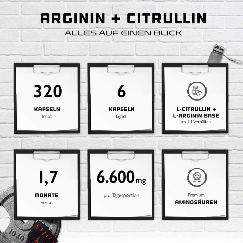 L-Arginine + L-Citrulline ‚ 320 Capsules ‚ 1100 Mg Per Capsule ‚ Citrulline 2:1 + Arginine Base 1:1 Ratio ‚ Premium Amino Acids ‚ Laboratory Tested Quality ‚ German Elite Nutrition - NewNest Australia