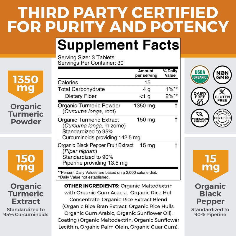 Organic Turmeric Curcumin Supplement 1,500mg (90 Tablets) | with Black Pepper for Superior Absorption, High Potency Standardized to 95% Curcuminoids, Natural Joint Support - NewNest Australia