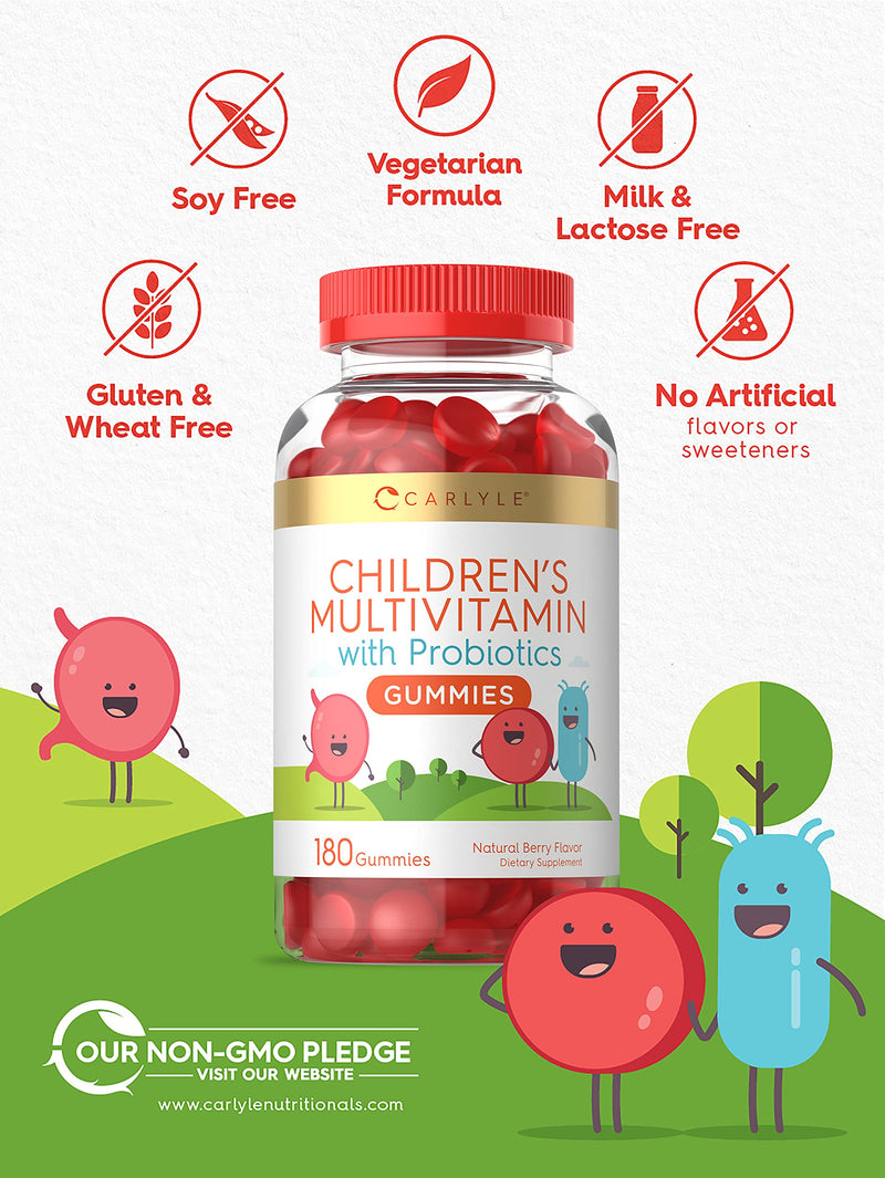 Children's Multivitamin Gummies with Probiotics | 180 Chewables | Natural Berry Flavor | Vegetarian, Non-GMO, Gluten Free Kids Supplement | by Carlyle - NewNest Australia