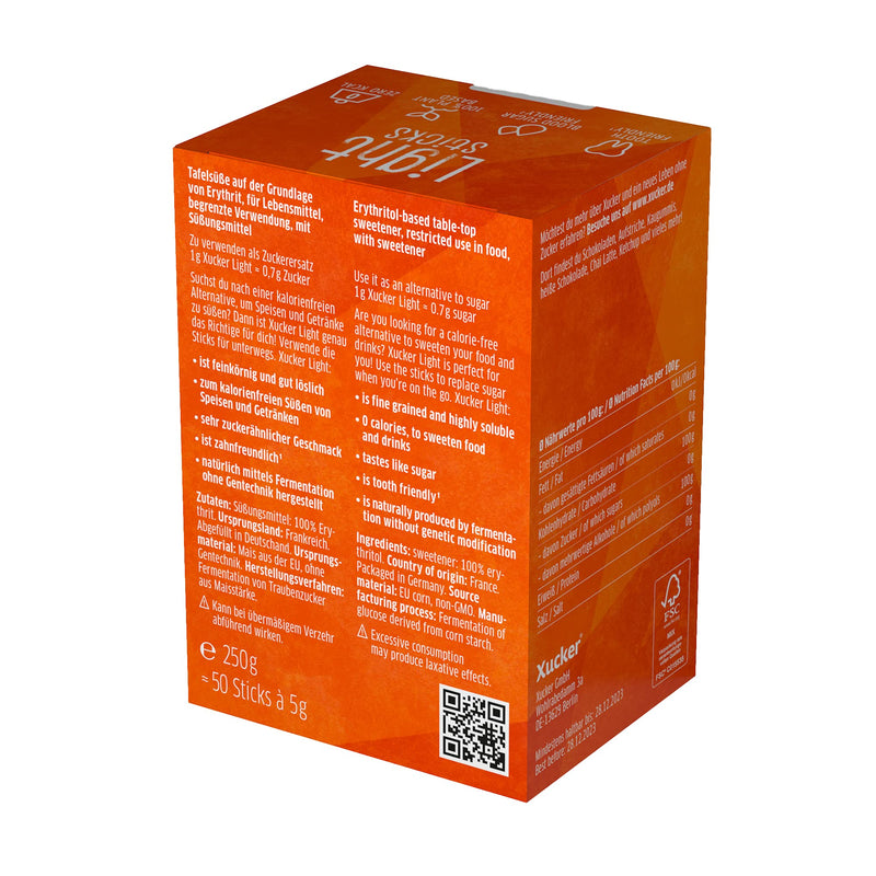 Xucker Light Sticks With Erythritol - Erythritol From Xucker Calorie-Free I 50 Xucker Sticks 5 G Each I Sugar-Free 0 Kcal 100% Sweet I 70% Of The Sweetening Power Of Sugar (250G) - NewNest Australia