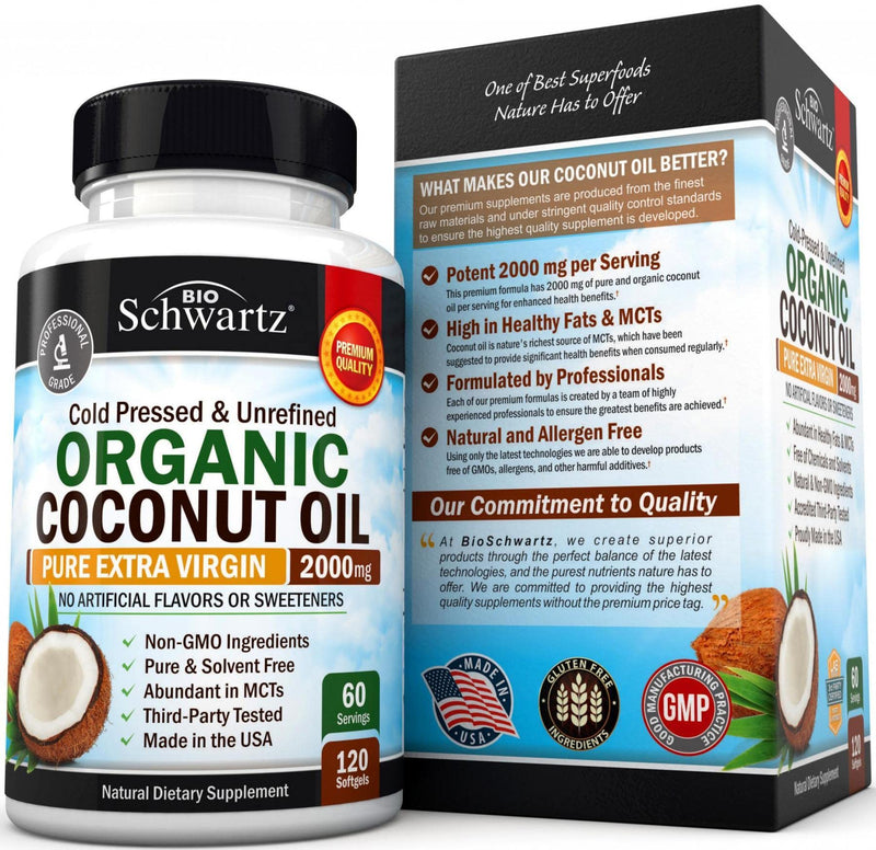 Coconut Oil Capsules 2000mg - Organic Pure Extra Virgin Unrefined Cold Pressed & Non-GMO for Healthy Skin Nails Weight Loss Hair Growth Brain Health Bloat Blood Pressure Anti Aging Digestion - 120ct - NewNest Australia