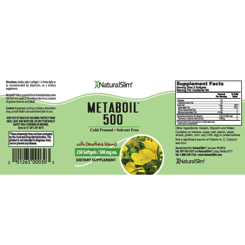 NaturalSlim Metaboil 500 w/ Evening Primrose Oil & GLA (Gamma-Linolenic Acid) - Solvent Free Cold Pressed Supplements - Natural Anti-Inflammatory & Burner of Resistive Fat - 500mg, 250 Softgels - NewNest Australia