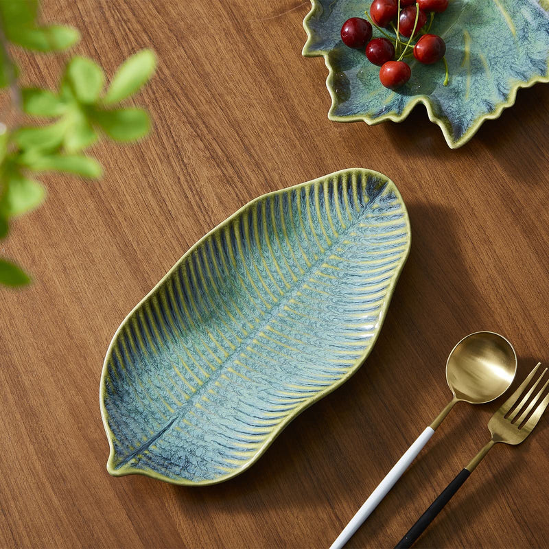 VOMANA Small Ceramic Decorative Tray, Green Pottery Trinket Tray, Porcelain Versatile Trinket Dish, Decorative Key Bowl with Green Patten Glaze for Jewelry Organizer Rings Holder Vanity Decor (11'' Leaf) 11'' Leaf - NewNest Australia