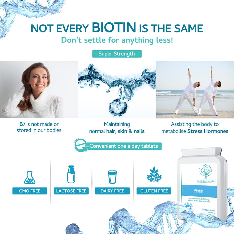 Biotin 10,000 mcg 120 Tablets – Exclusively Maximum Strength D-Biotin, The only Natural Form with Full Vitamin B7 Activity - Support for Healthy Hair Growth, Skin and Nails - UK Made to cGMP Code - NewNest Australia