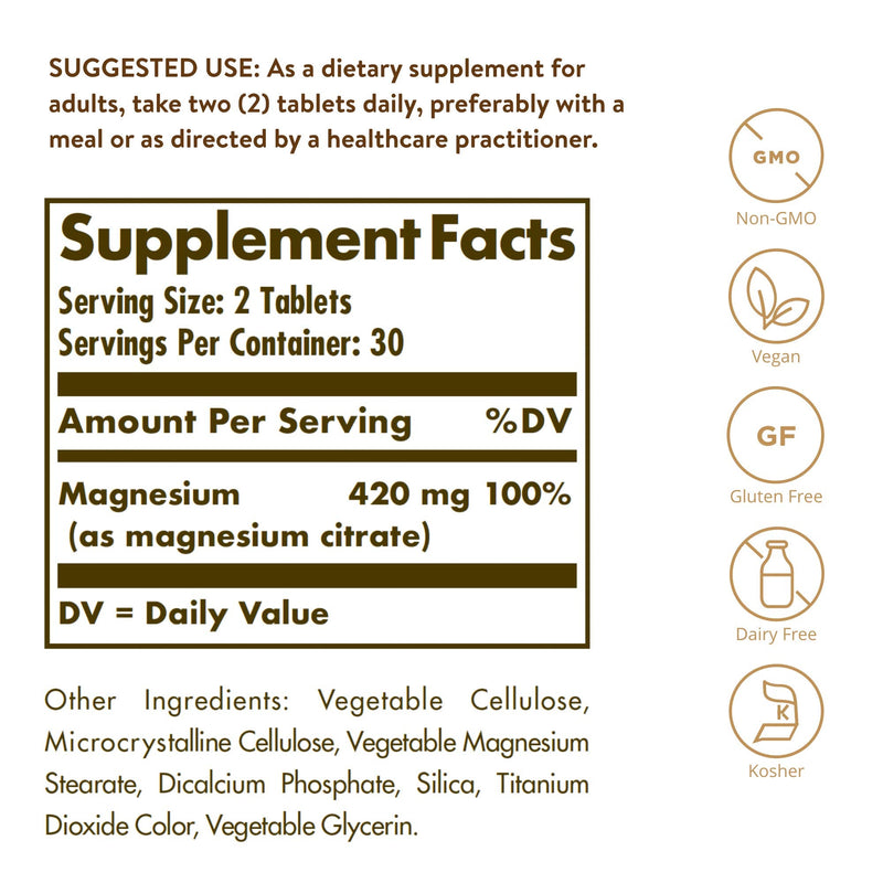 Solgar Magnesium Citrate, 120 Tablets - Promotes Healthy Bones - Supports Nerve & Muscle Function - Non GMO, Vegan, Gluten Free, Dairy Free, Kosher - 60 Servings - NewNest Australia