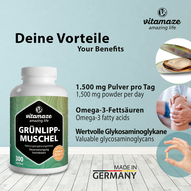 High-dose green-lipped mussel capsules: 1500 mg green-lipped mussel powder from New Zealand per daily dose, 300 capsules continuous supply, natural dietary supplement without additives, made in Germany - NewNest Australia