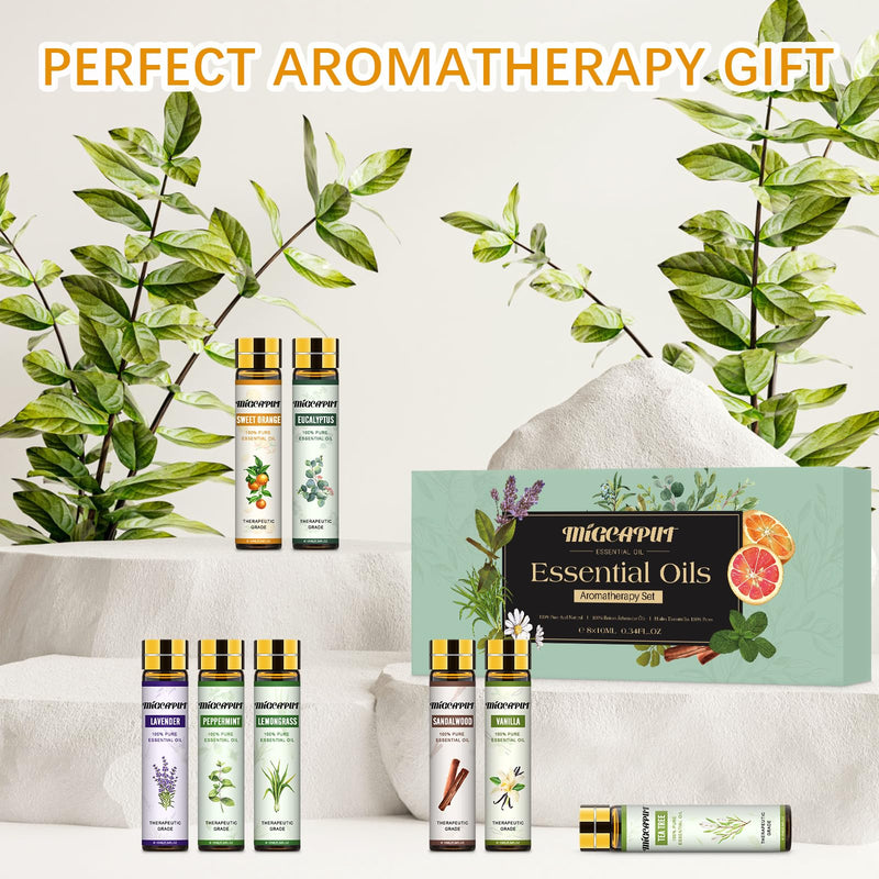 Migcaput Diffuser Essential Oils, 8 X 10 Ml Essential Oils Set, 100% Natural Essential Oils, Aroma Oil, Tea Tree, Lavender, Eucalyptus, Lemongrass, Vanilla, For Diffuser, Humidifier, Massage - NewNest Australia
