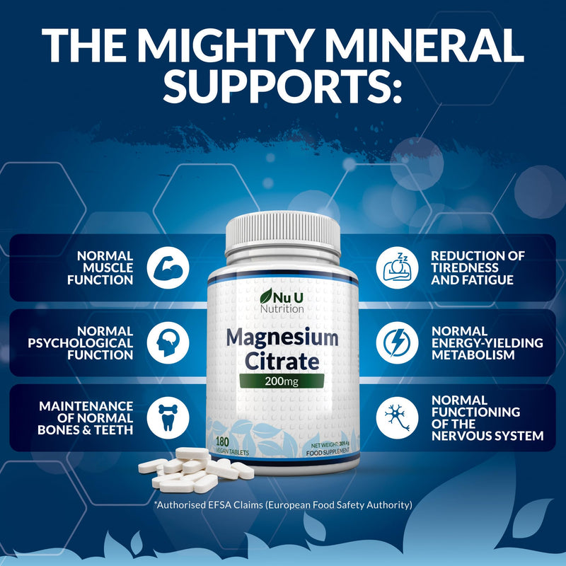 Magnesium Citrate 200mg - 180 Magnesium Tablets - 200mg per Tablets - 6 Month Supply - High Dose - Nu U Nutrition - NewNest Australia