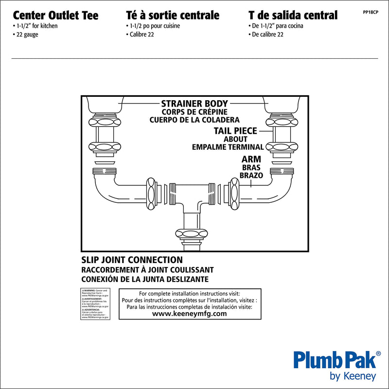 Plumb Pak PP18CP Center Outlet Tee and Tailpiece, 1-1/2 in, Slip, 1-1/2", Brass/Chrome - NewNest Australia