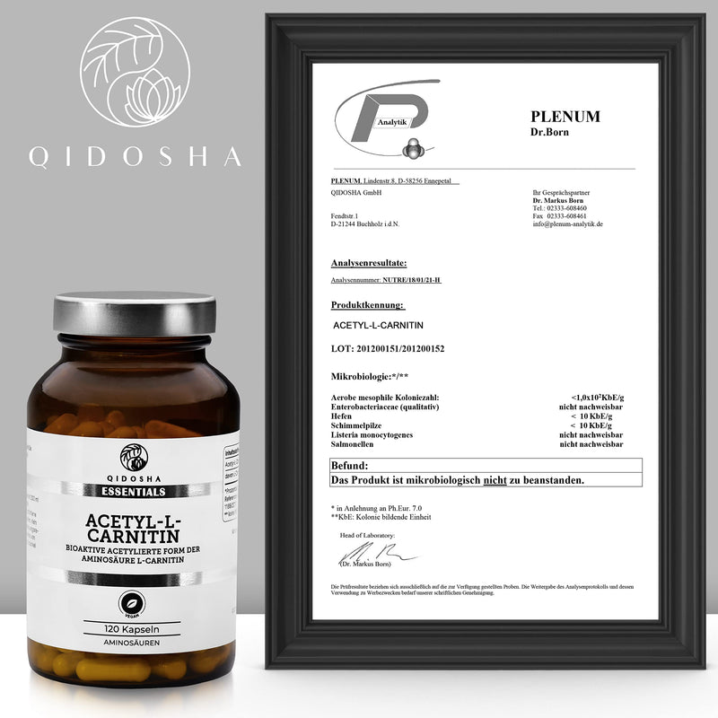 Qidosha Acetyl L Carnitine Capsules Bioactive, Increased Bioavailability, 120 Capsules/Glass, Acetyl L Carnitine 500Mg Vegan, Bioactive Acetylated Form Of The Amino Acid L-Carnitine, Produced In Germany - NewNest Australia