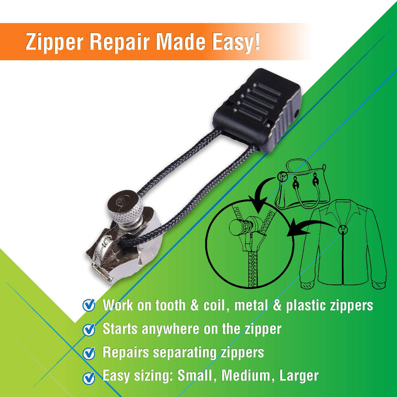FixnZip (Black Nickel) - Universal Zipper Repair Kit for Jackets, Luggage, Bags - Backpack Zipper Replacement Repair Kit - Instant Zipper Fix - (S,M,L) - Made in The USA - NewNest Australia