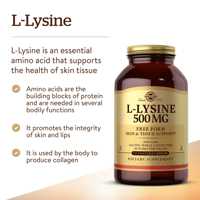 Solgar L-Lysine 500 mg, 250 Vegetable Capsules - Enhanced Absorption & Assimilation - Promotes Integrity of Skin & Lips - Collagen Support - Amino Acids - Non-GMO, Vegan, Gluten Free - 250 Servings 250 Count (Pack of 1) Standard Packaging - NewNest Australia