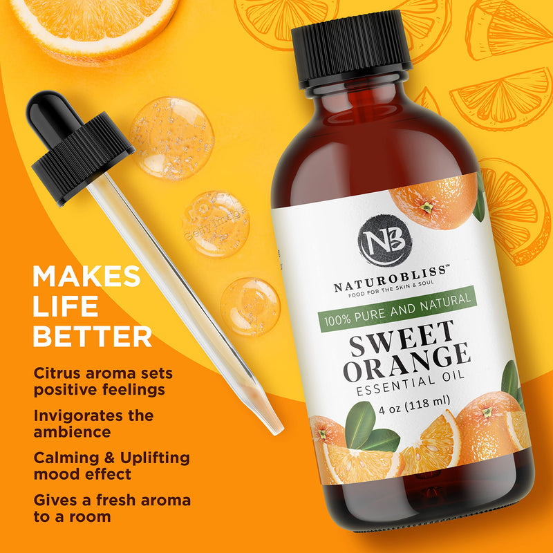 NaturoBliss 100% Pure & Natural Sweet Orange Essential Oil Therapeutic Grade Premium Quality Oil with Glass Dropper - Huge 4 fl. Oz - Perfect for Aromatherapy and Relaxation - NewNest Australia
