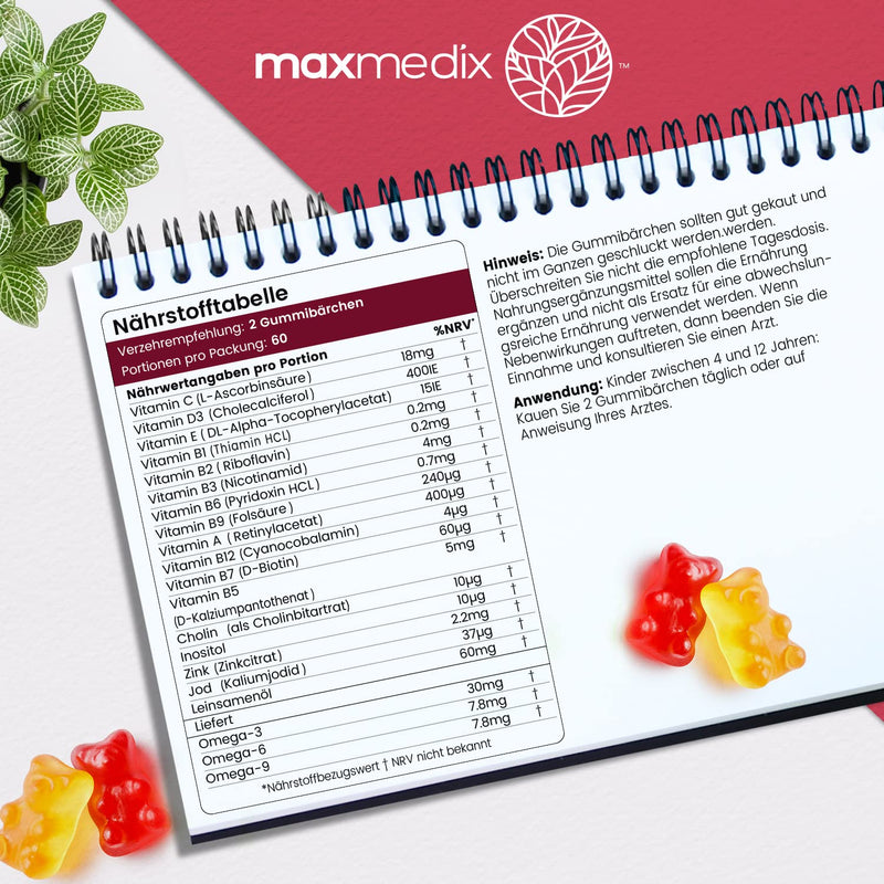 Maxmedix Multivitamin Gummy Bears For Children - With Omega 3, 6, 9, Iodine & Zinc - 120 Vitamin Gummies - Vitamin C, D3, B - Vegetarian & Tested Ingredients - No Gelatin & Additives - NewNest Australia