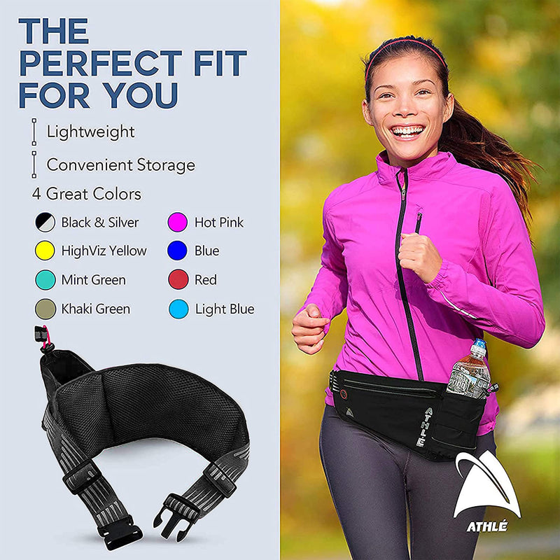 Athle Running Fanny Pack with Water Bottle Holder - Adjustable Run Belt Storage Pouch with Zipper Pocket For Sports and Travel – 360° Reflective Band – Fits iPhone Plus, Galaxy Note Black/Silver - NewNest Australia
