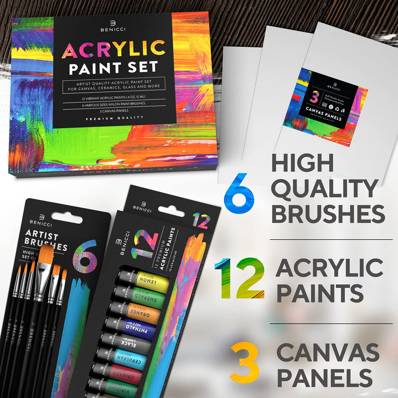 Acrylic Paint Set for Kids, Artists and Adults - 12 Vibrant Colors, 6 Brushes and 3 Paint Canvases - Perfect for Beginners or Professionals - NewNest Australia