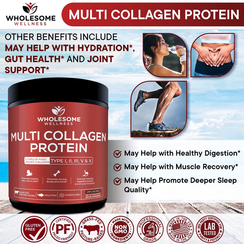 Multi Collagen Protein Powder Hydrolyzed (Type I II III V X) Grass-Fed All-in-One Super Bone Broth + Collagen Peptides - Premium Blend of Grass-Fed Beef, Chicken, Wild Fish, Eggshell Collagen - NewNest Australia