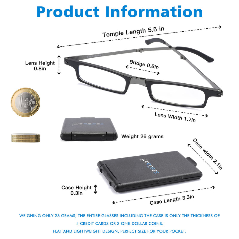 SZEOEOM Ultra Thin Foldable Reading Glasses Ultralight Blue Light Foldable Readers for Men Women Compact Travel Portable Rectangle Glasses Case Black 2.5 Diopters - NewNest Australia