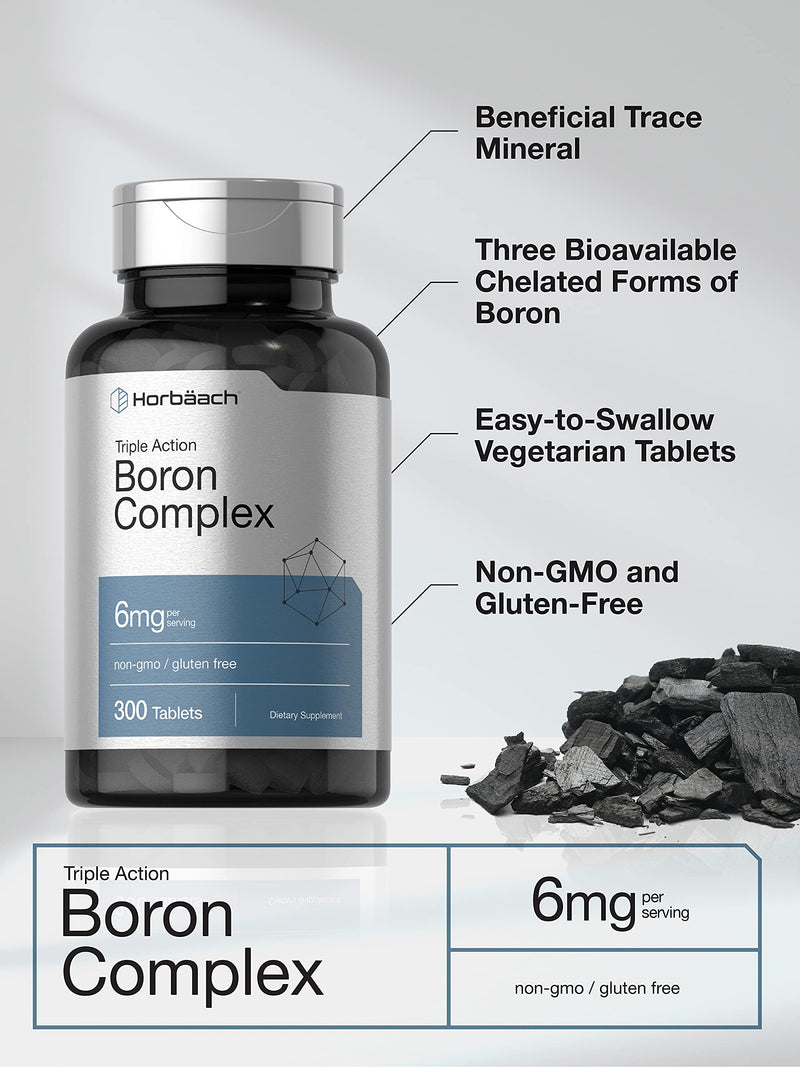 Triple Boron Complex 6 mg Supplement | 300 Tablets | Vegetarian, Non-GMO & Gluten Free | Triple Action Boron Citrate, Boron Glycinate, Boron Asparate | by Horbaach - NewNest Australia