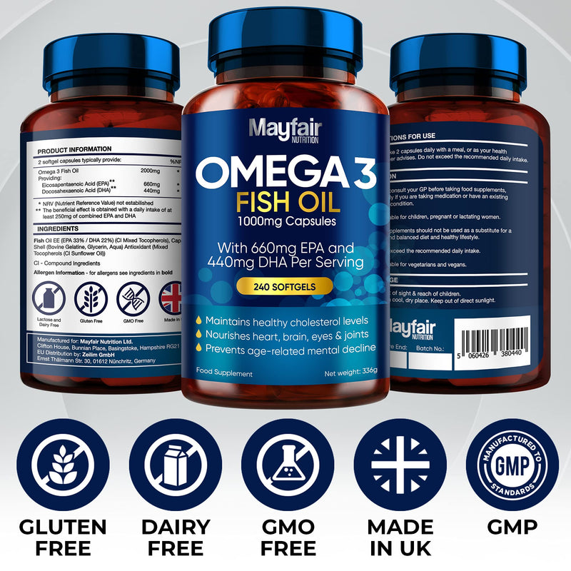 Omega 3 1000mg Capsules - 240 Fish Oil Tablets with 660mg EPA & 440mg DHA per Daily Serving - Supports Heart, Vision, & Brain Health - 4 Months Supply - Made in UK - NewNest Australia