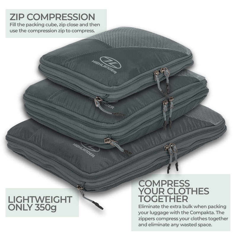 Highlander Compakta Compression Packing Cubes Organiser (Set of 3) - Lightweight Luggage Suitcase Travel Pouches Bag Safe Storage – Great for Clothes, Accessories, Cosmetics and Toiletries - NewNest Australia