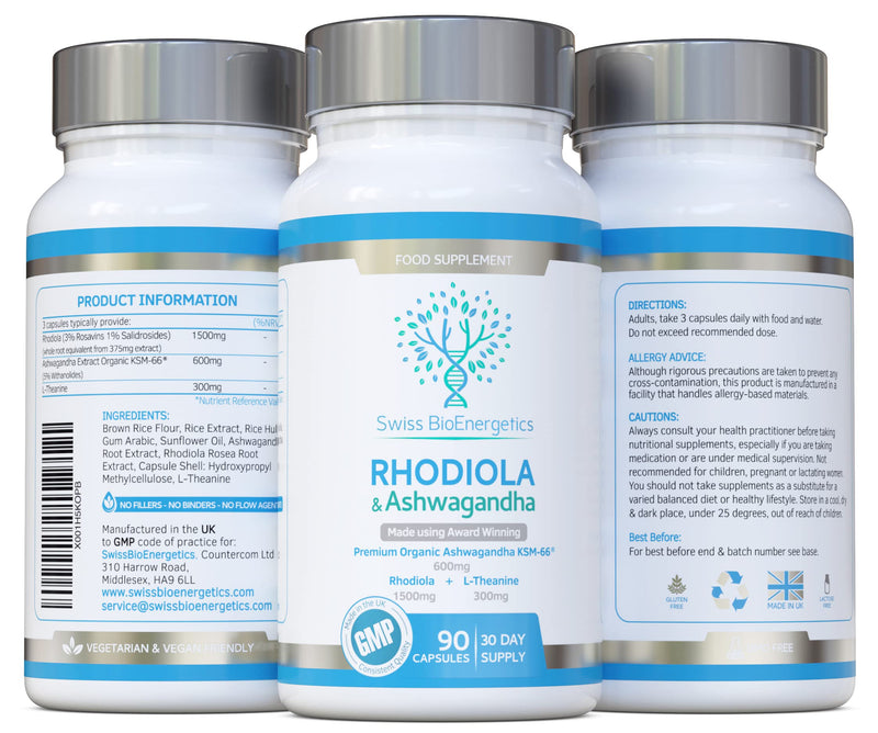 Rhodiola & Ashwagandha with L-Theanine - Award Winning Ashwagandha KSM-66 600mg & 1500mg Rhodiola (3% Rosavins - 1% Salidrosides) whole root equivalent- adaptogen combo- No artificial fillers- UK Made - NewNest Australia