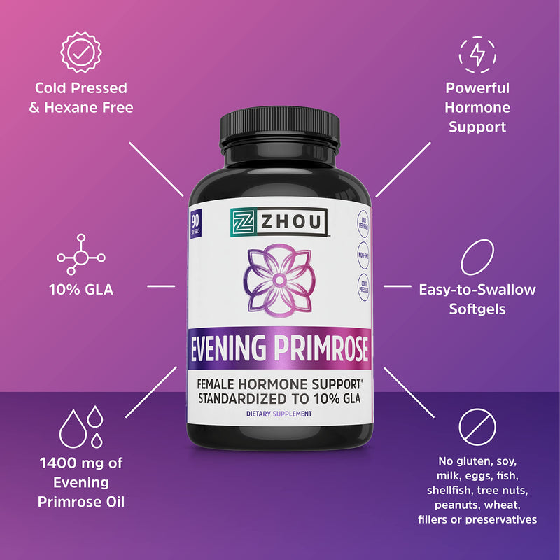 Zhou Nutrition Evening Primrose Oil Capsules- Supports Hormone Balance for Women, PMS & Menopause Support, Cold Pressed & Hexane Free - 1400mg 10% Gla - NewNest Australia