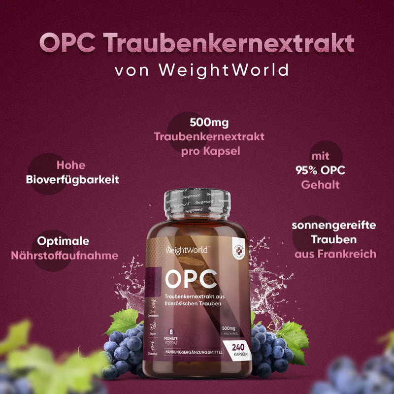 OPC grape seed extract capsules - 240 pieces for 8 months supply - 95% pure OPC (Oligomeric Proanthocyanidins) - 500mg grape seed extract per vegan capsule from French grapes - WeightWorld OPC capsules - NewNest Australia