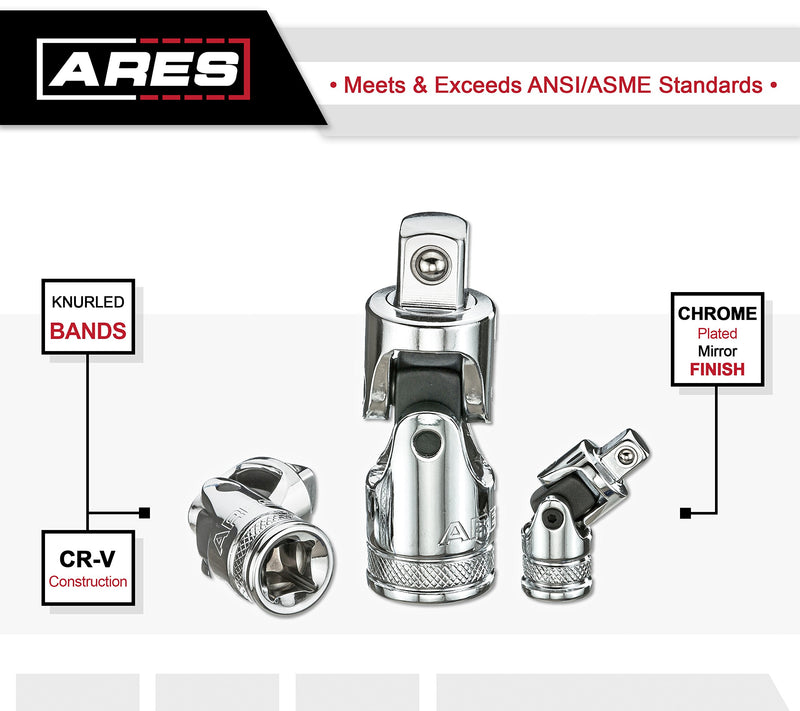 ARES 70197 - 3-Piece Universal Joint Socket Set - Includes 1/4-Inch, 3/8-Inch, and 1/2-Inch Drive U-Joints - Storage Rail Included - NewNest Australia