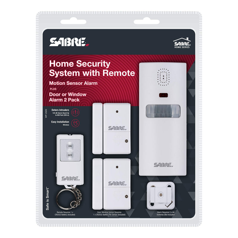 SABRE Home Security System with Remote, 125dB Alarm, Audible Up to 850 Feet (259 Meters), Wireless, Comes with 1 Motion Sensor Alarm, 2 Door or Window Alarms and 1 Remote Key Fob, Home and Away Modes - NewNest Australia