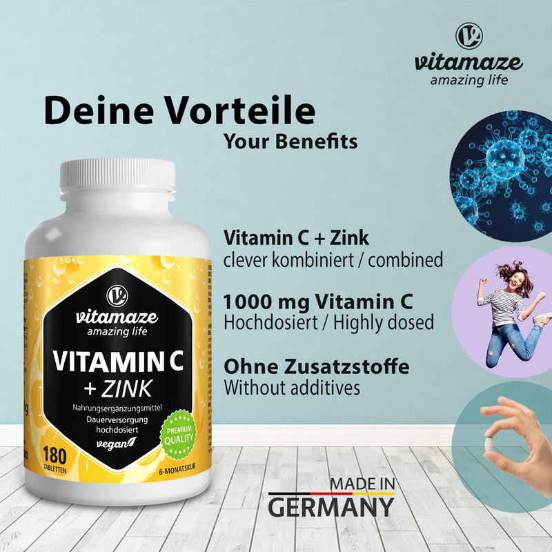 High-dose vitamin C 1000 mg + zinc, vegan & optimally bioavailable, 180 tablets for 6 months, natural dietary supplement without unnecessary additives, made in Germany - NewNest Australia