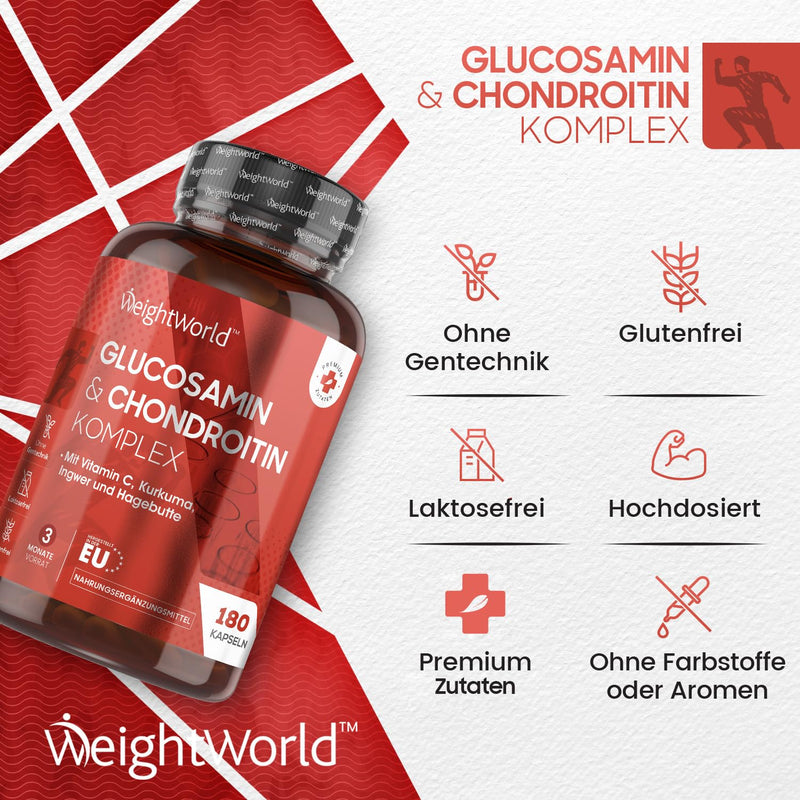 Weightworld Glucosamine Chondroitin Complex 1300 Mg - 180 Glucosamine Sulphate Capsules - 3 Months Supply - With Vitamin C For Immune System, Bones, Cartilage, Teeth & Skin - Ginger, Rose Hip & Turmeric - NewNest Australia