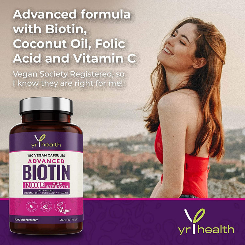 Biotin Hair Growth Supplement 12,000mcg with Coconut Oil, Vitamin C & Folic Acid - 180 Vegan Capsules Hair Vitamin b7 Biotin Nails Hair and Skin for Men and Women - Made in UK by YrHealth - NewNest Australia