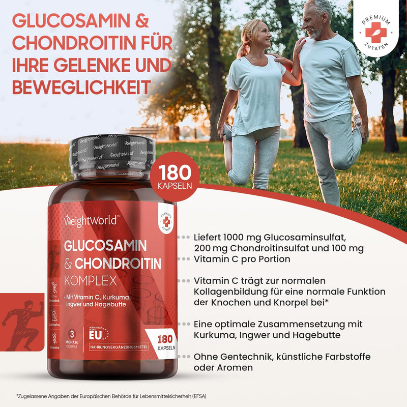 Weightworld Glucosamine Chondroitin Complex 1300 Mg - 180 Glucosamine Sulphate Capsules - 3 Months Supply - With Vitamin C For Immune System, Bones, Cartilage, Teeth & Skin - Ginger, Rose Hip & Turmeric - NewNest Australia