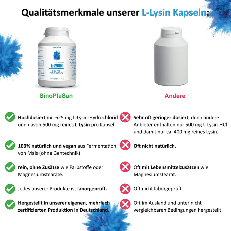 L-Lysine 500 mg amino acid (pure) per capsule || 180 capsules || natural & vegan || SinoPlaSan - NewNest Australia