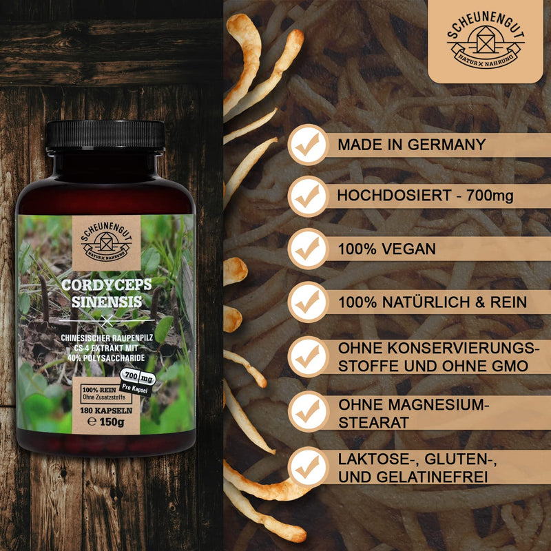 Cordyceps Sinensis - 1400Mg Per Daily Dose - Important: 10:1 Extract (=14,000Mg Cordyceps Per Dose) I With 40% Bioactive Polysaccharides I 180 Cordyceps Capsules (Cs-4 Extract) I From De I Scheunengut - NewNest Australia