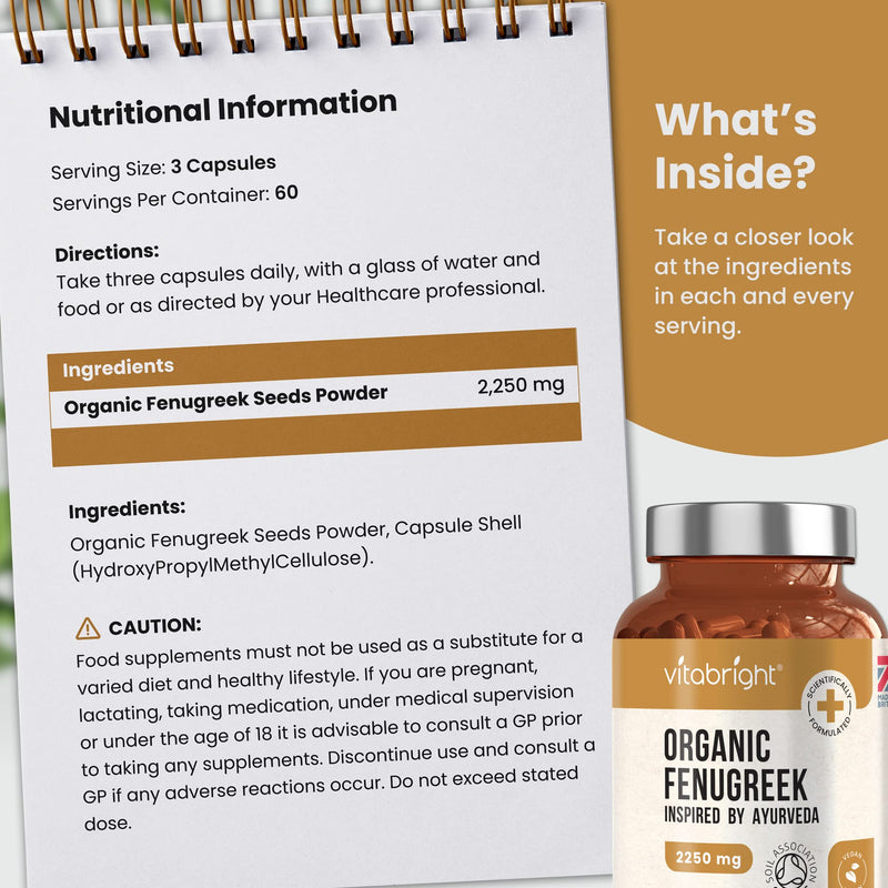 Organic Fenugreek Capsules - 2250mg High Strength - 180 Capsules (60 Day Supply) - Supports Healthy Blood Sugar Levels and Healthy Cholesterol Levels - Vegan - Made in The UK by VitaBright - NewNest Australia
