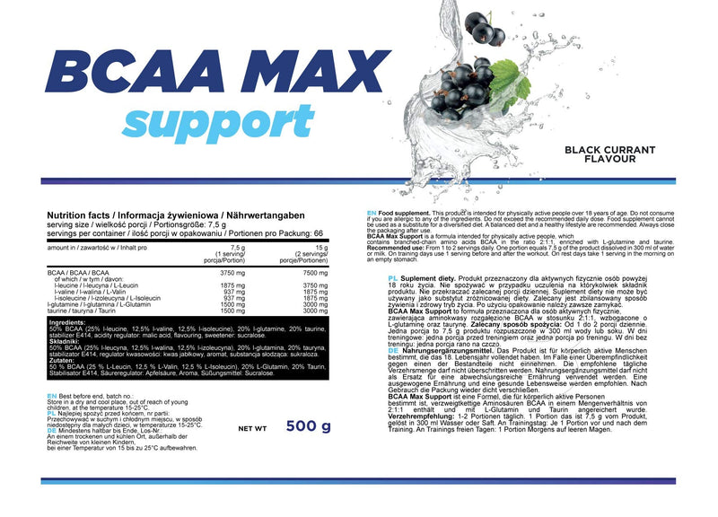 Allnutrition Bcaa Max Support Powder/Capsules Complex Of Branched Chain Amino Acids Glutamine Taurine Leucine Valine Isoleucine Muscle Regeneration 500 G Blackcurrant - NewNest Australia